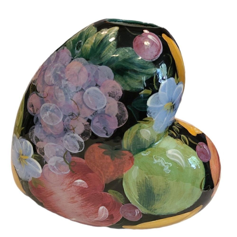 Vintage Signed Lesäl Ceramics Heart Floral Hand Painted Fruit Design Vase 9.5"